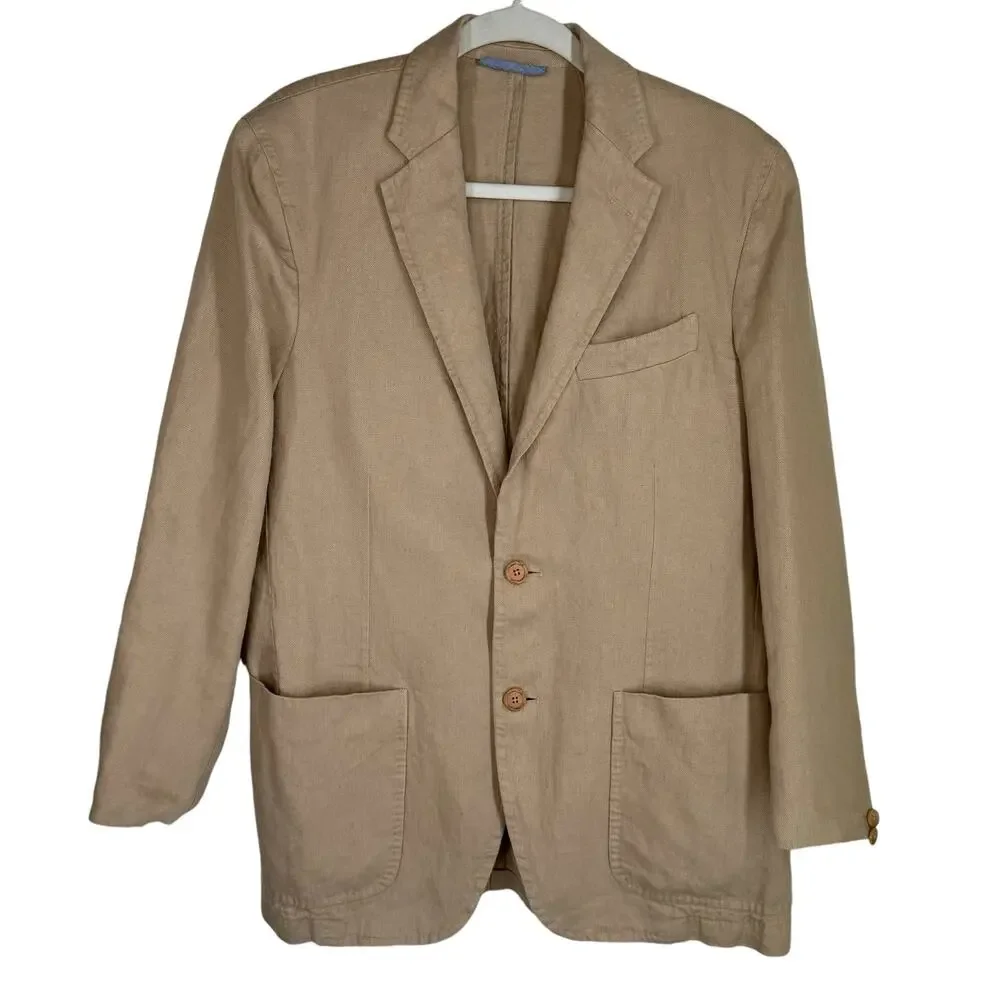Massimo Dutti Mens Suit Jacket 48/38 Tan Linen Single Breasted Wedding Spain